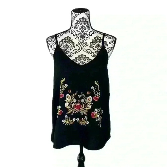 Tecrew Black Flowy Speghetti Strap Embroidered Floral Tank Top, S - Picture 2 of 8